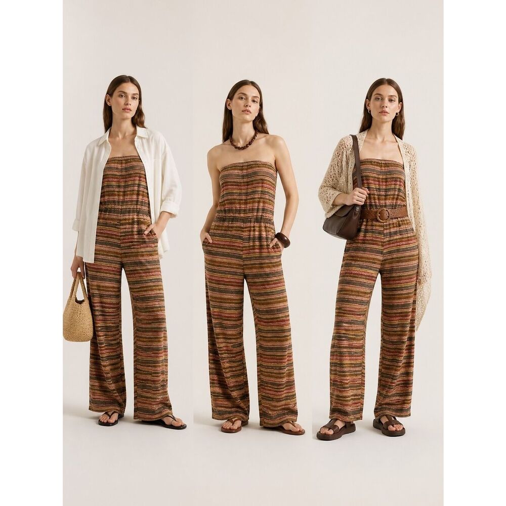 Exist Strapless Striped Wide-Leg Jumpsuit in Brown Multi